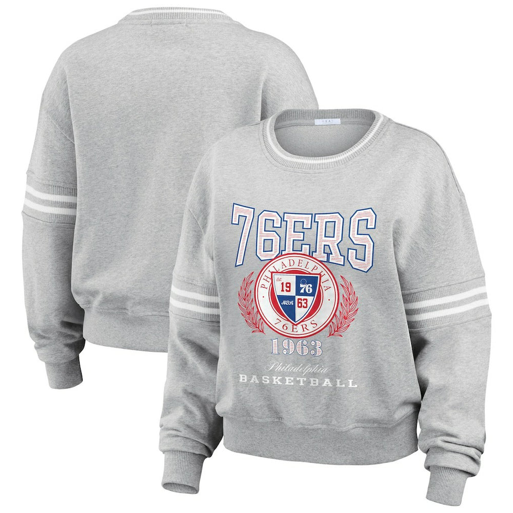 Heather Gray Philadelphia 76ers WEAR by Erin Andrews Women's French Terry Pullover Sweatshirt | NBA