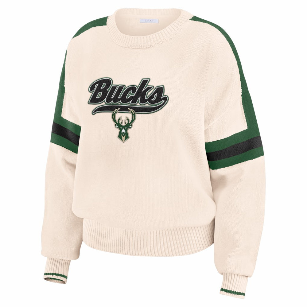 Cream Milwaukee Bucks WEAR by Erin Andrews Women's Stripe Pullover Sweater | NBA