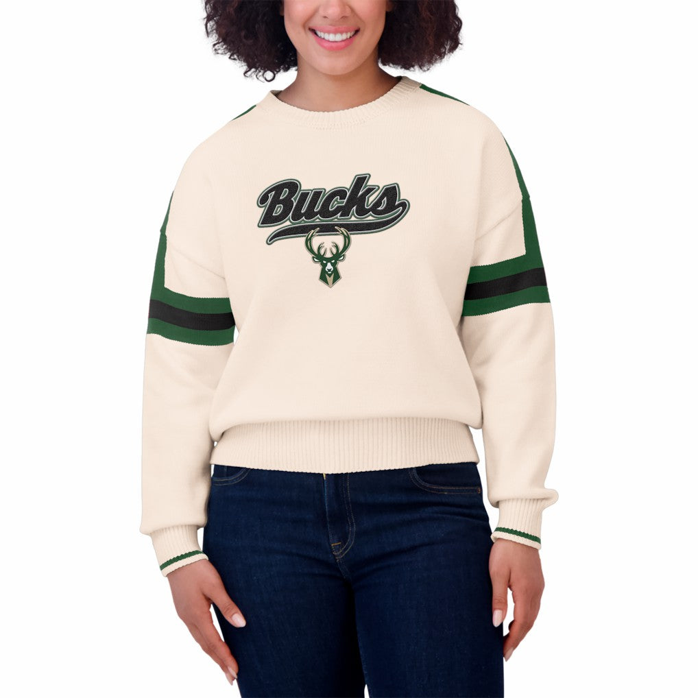 Cream Milwaukee Bucks WEAR by Erin Andrews Women's Stripe Pullover Sweater | NBA