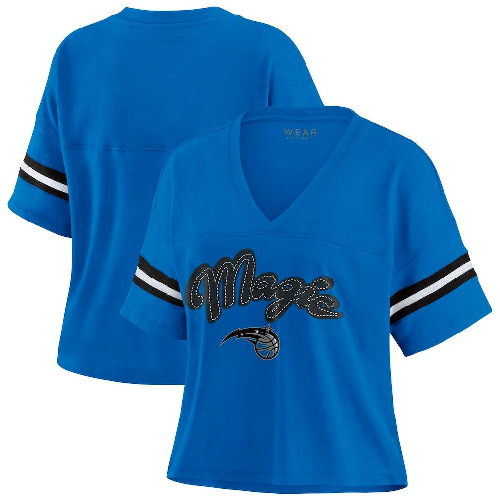Blue Orlando Magic WEAR by Erin Andrews Women's Color Block Boxy V-Neck T-Shirt | NBA