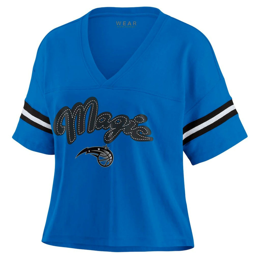 Blue Orlando Magic WEAR by Erin Andrews Women's Color Block Boxy V-Neck T-Shirt | NBA