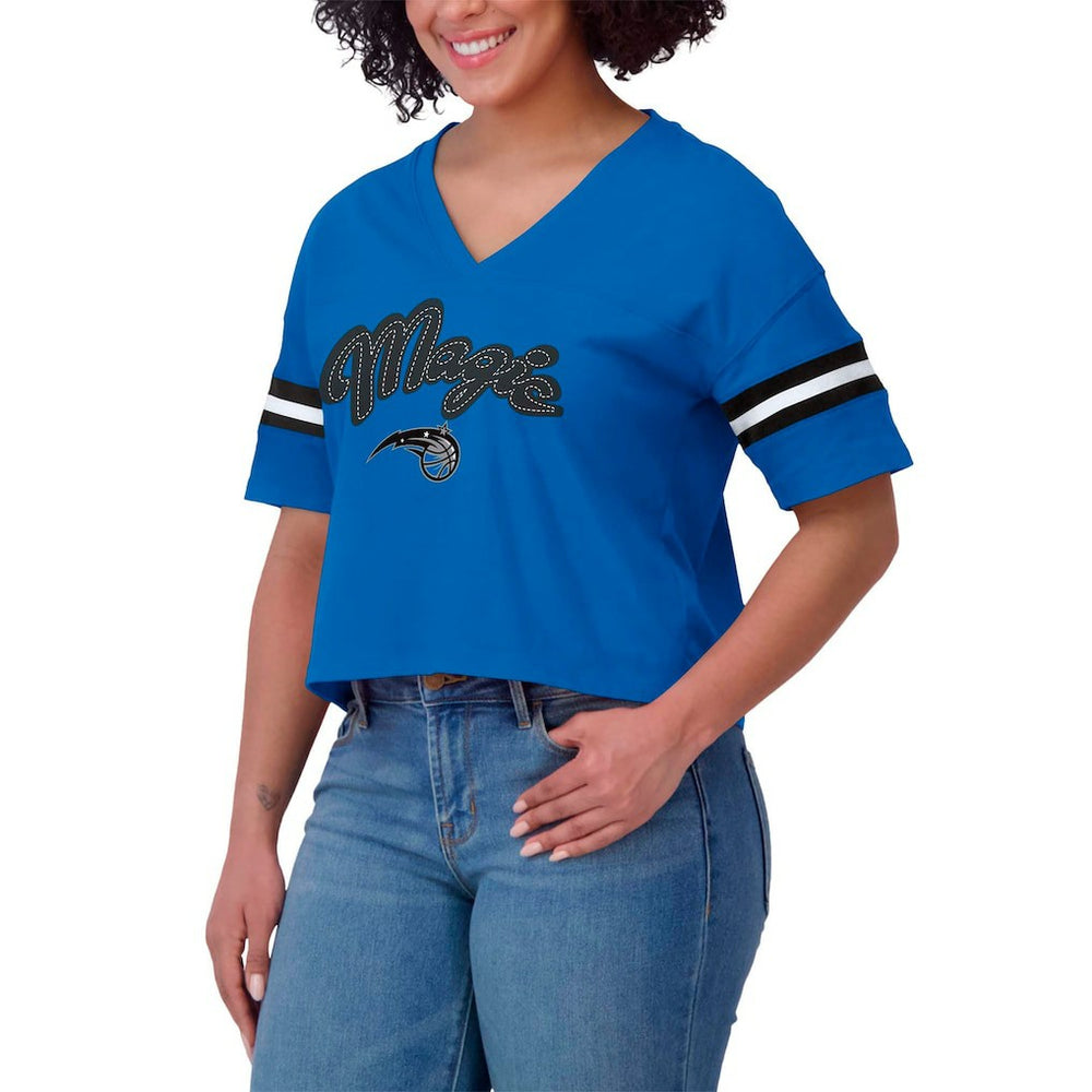 Blue Orlando Magic WEAR by Erin Andrews Women's Color Block Boxy V-Neck T-Shirt | NBA