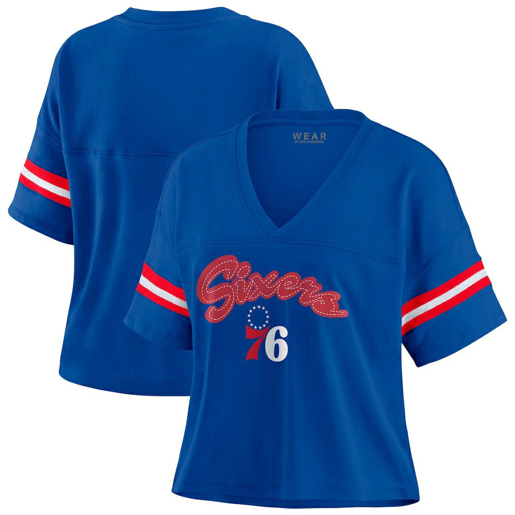 Royal Philadelphia 76ers WEAR by Erin Andrews Women's Color Block Boxy V-Neck T-Shirt | NBA