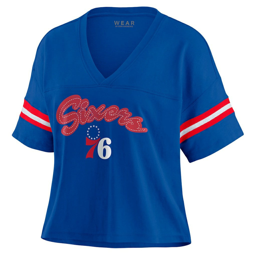 Royal Philadelphia 76ers WEAR by Erin Andrews Women's Color Block Boxy V-Neck T-Shirt | NBA