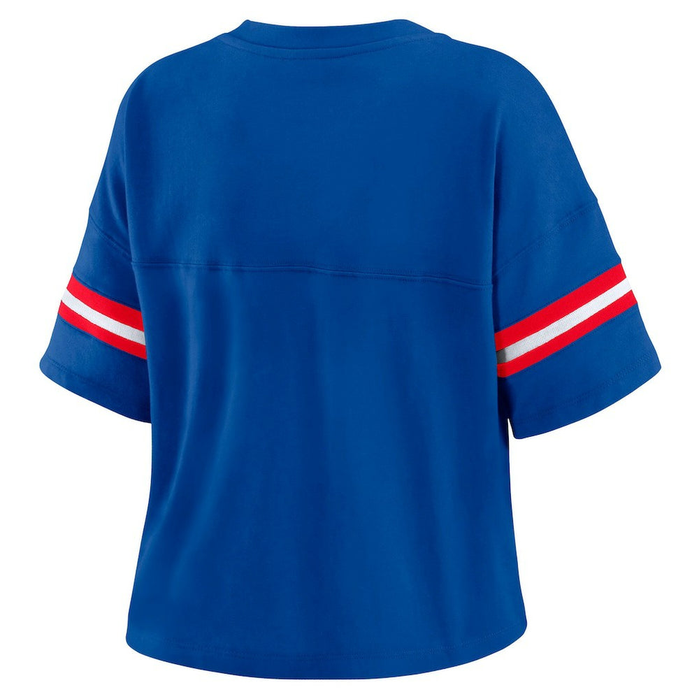 Royal Philadelphia 76ers WEAR by Erin Andrews Women's Color Block Boxy V-Neck T-Shirt | NBA