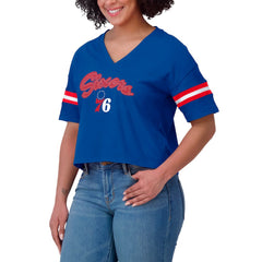Royal Philadelphia 76ers WEAR by Erin Andrews Women's Color Block Boxy V-Neck T-Shirt | NBA