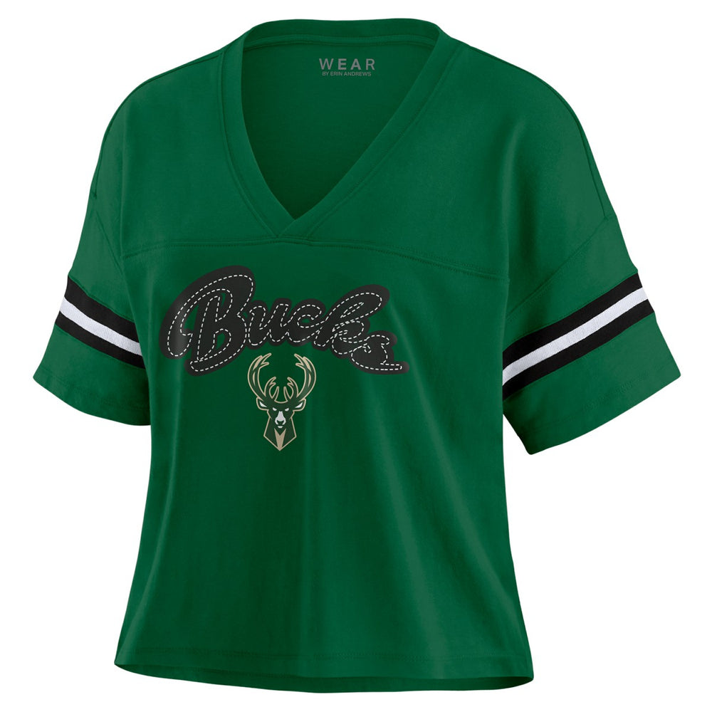 Hunter Green Milwaukee Bucks WEAR by Erin Andrews Women's Color Block Boxy V-Neck T-Shirt | NBA