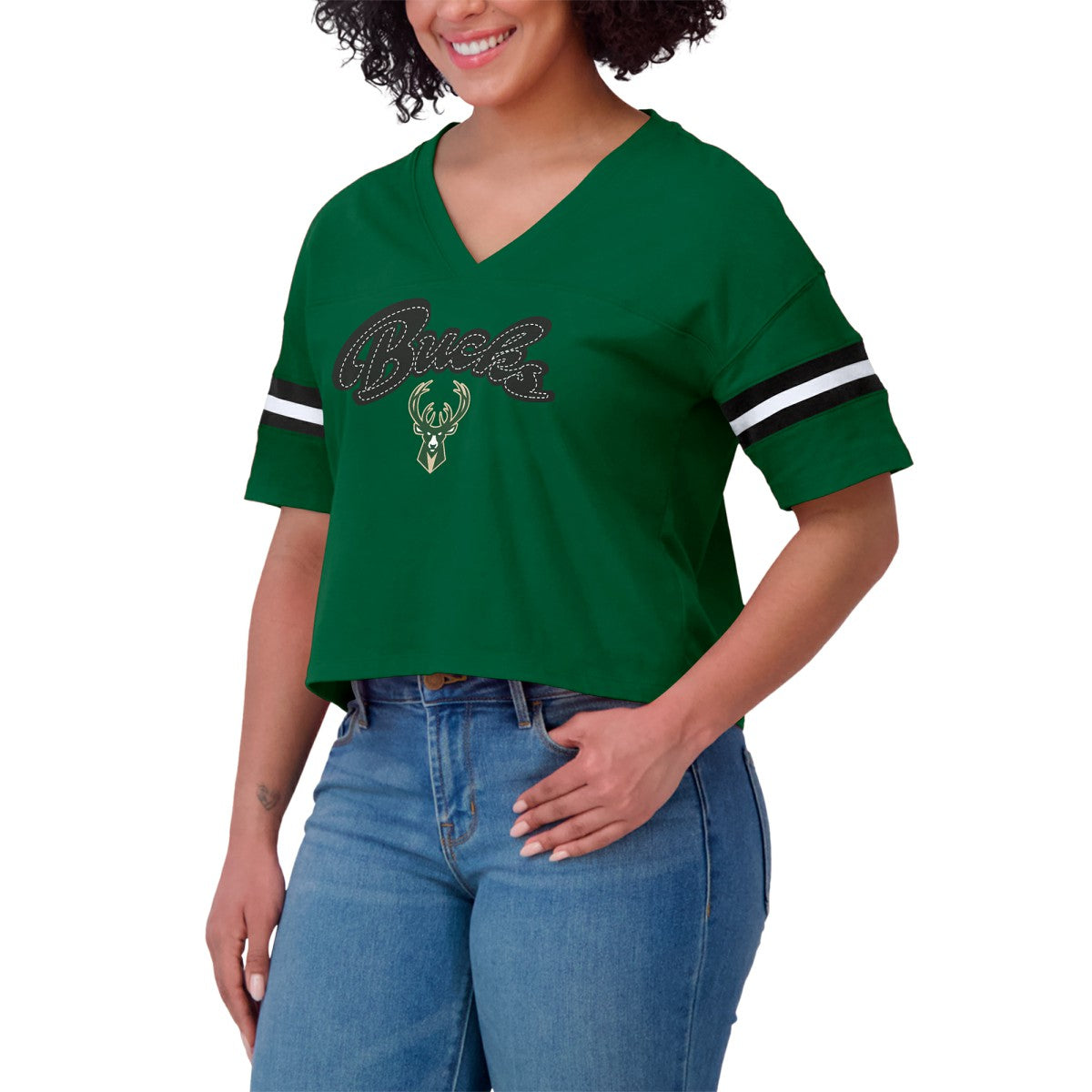 Hunter Green Milwaukee Bucks WEAR by Erin Andrews Women's Color Block Boxy V-Neck T-Shirt | NBA