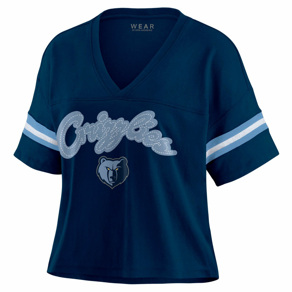 Navy Memphis Grizzlies WEAR by Erin Andrews Women's Color Block Boxy V-Neck T-Shirt | NBA