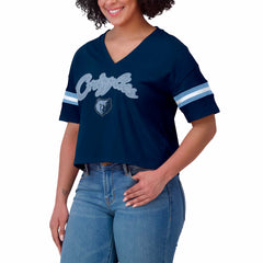 Navy Memphis Grizzlies WEAR by Erin Andrews Women's Color Block Boxy V-Neck T-Shirt | NBA