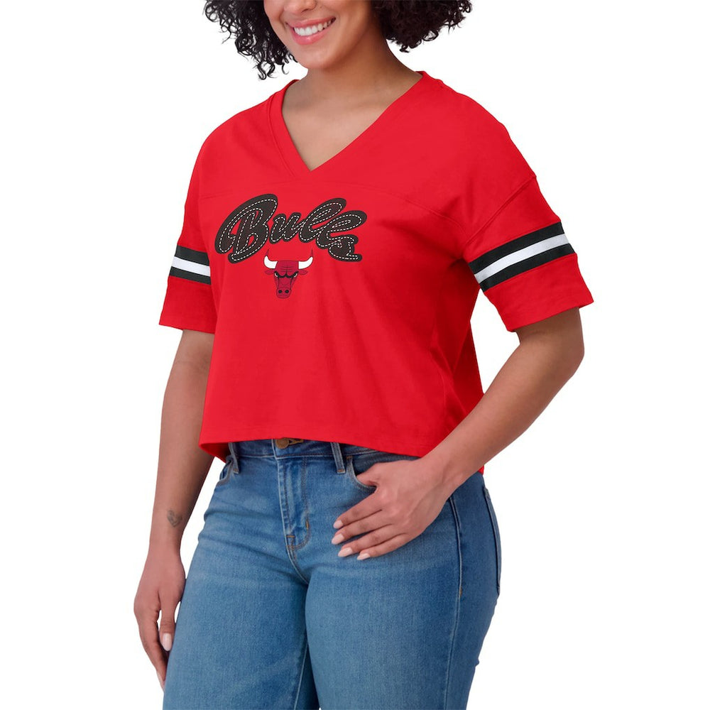Red Chicago Bulls WEAR by Erin Andrews Women's Color Block Boxy V-Neck T-Shirt sale | NBA