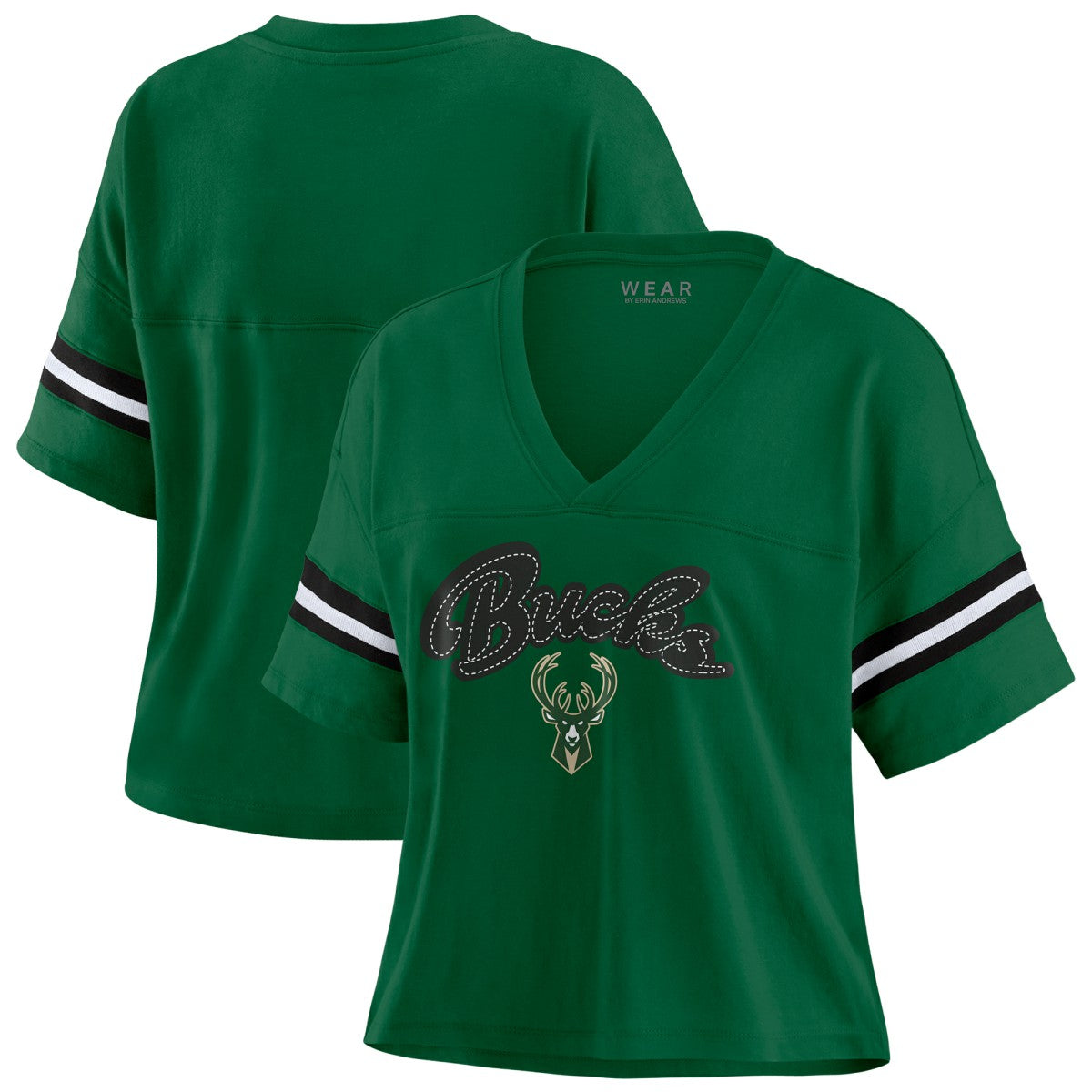 Hunter Green Milwaukee Bucks WEAR by Erin Andrews Women's Plus Size Color Block Boxy V-Neck T-Shirt | NBA