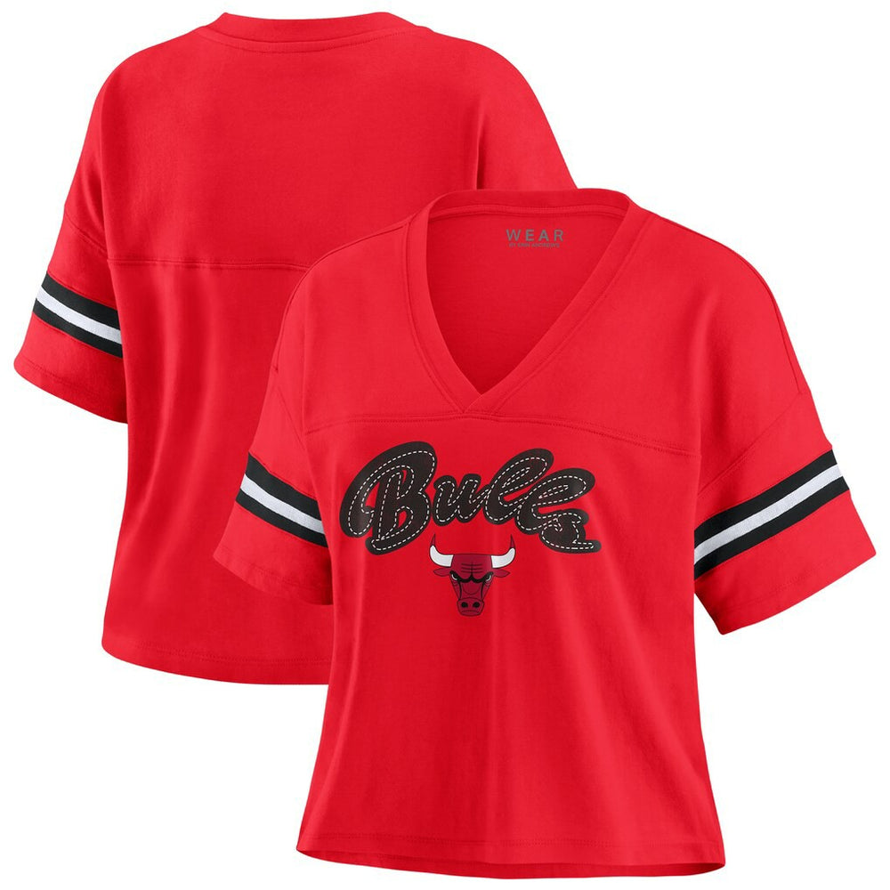 Red Chicago Bulls WEAR by Erin Andrews Women's Plus Size Color Block Boxy V-Neck T-Shirt sale | NBA