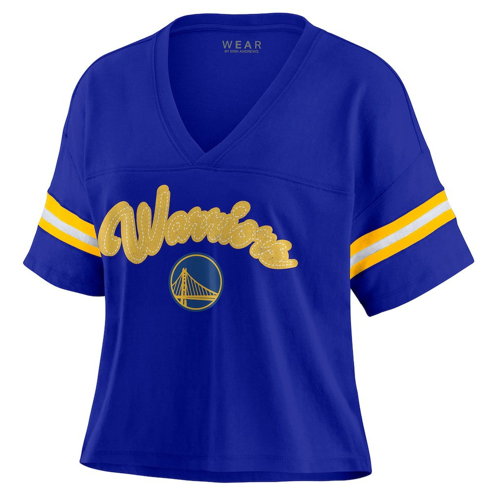 Royal Golden State Warriors WEAR by Erin Andrews Women's Plus Size Color Block Boxy V-Neck T-Shirt sale | NBA