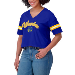 Royal Golden State Warriors WEAR by Erin Andrews Women's Plus Size Color Block Boxy V-Neck T-Shirt sale | NBA