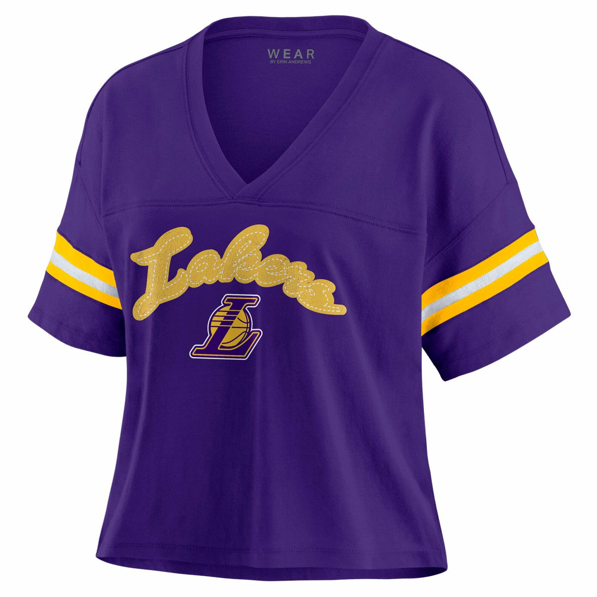 Purple Los Angeles Lakers WEAR by Erin Andrews Women's Plus Size Color Block Boxy V-Neck T-Shirt | NBA