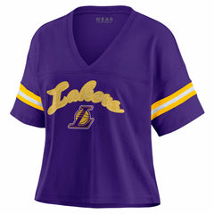 Purple Los Angeles Lakers WEAR by Erin Andrews Women's Plus Size Color Block Boxy V-Neck T-Shirt | NBA