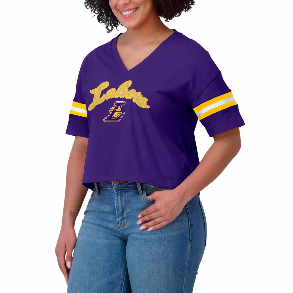 Purple Los Angeles Lakers WEAR by Erin Andrews Women's Plus Size Color Block Boxy V-Neck T-Shirt | NBA
