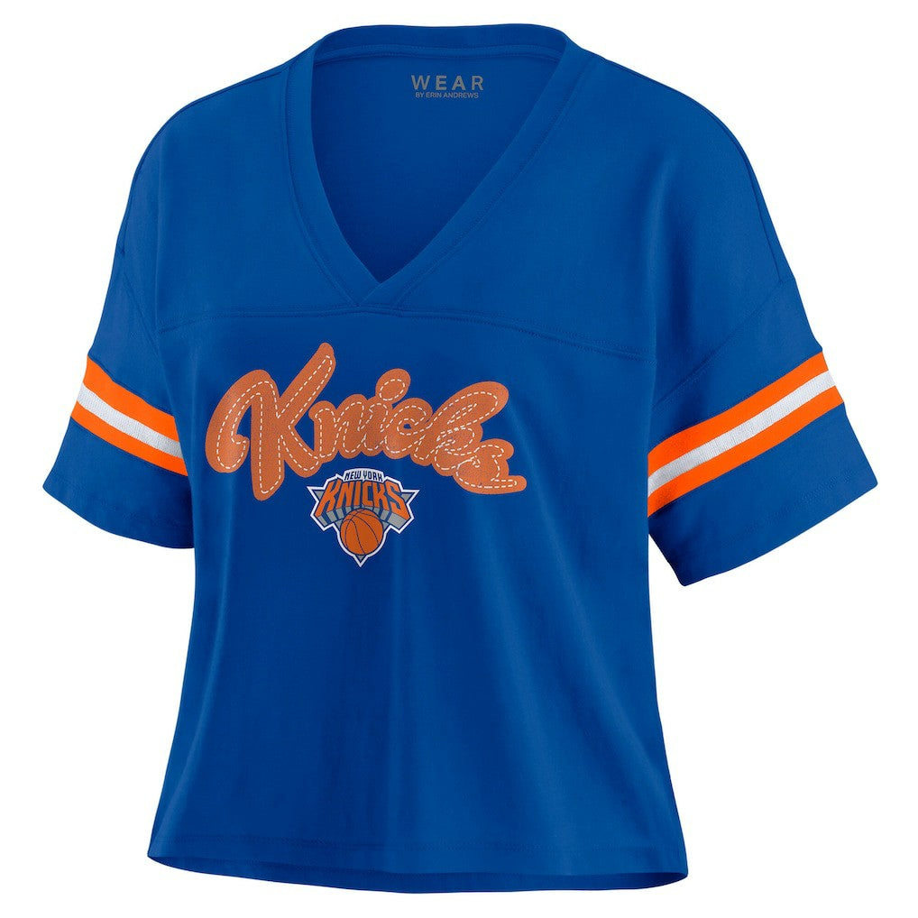 Blue New York Knicks WEAR by Erin Andrews Women's Plus Size Color Block Boxy V-Neck T-Shirt | NBA