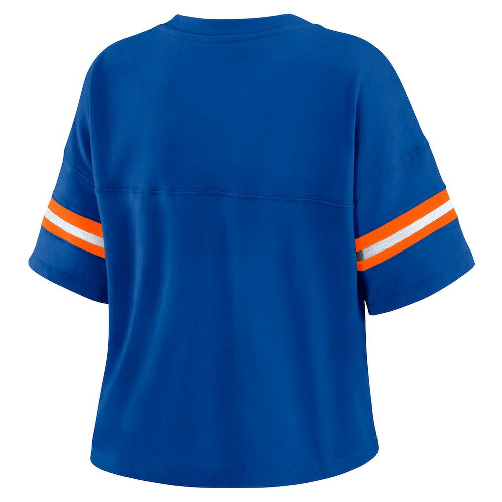 Blue New York Knicks WEAR by Erin Andrews Women's Plus Size Color Block Boxy V-Neck T-Shirt | NBA