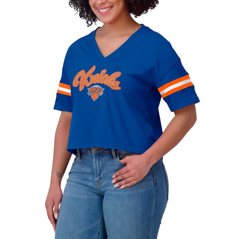 Blue New York Knicks WEAR by Erin Andrews Women's Plus Size Color Block Boxy V-Neck T-Shirt | NBA
