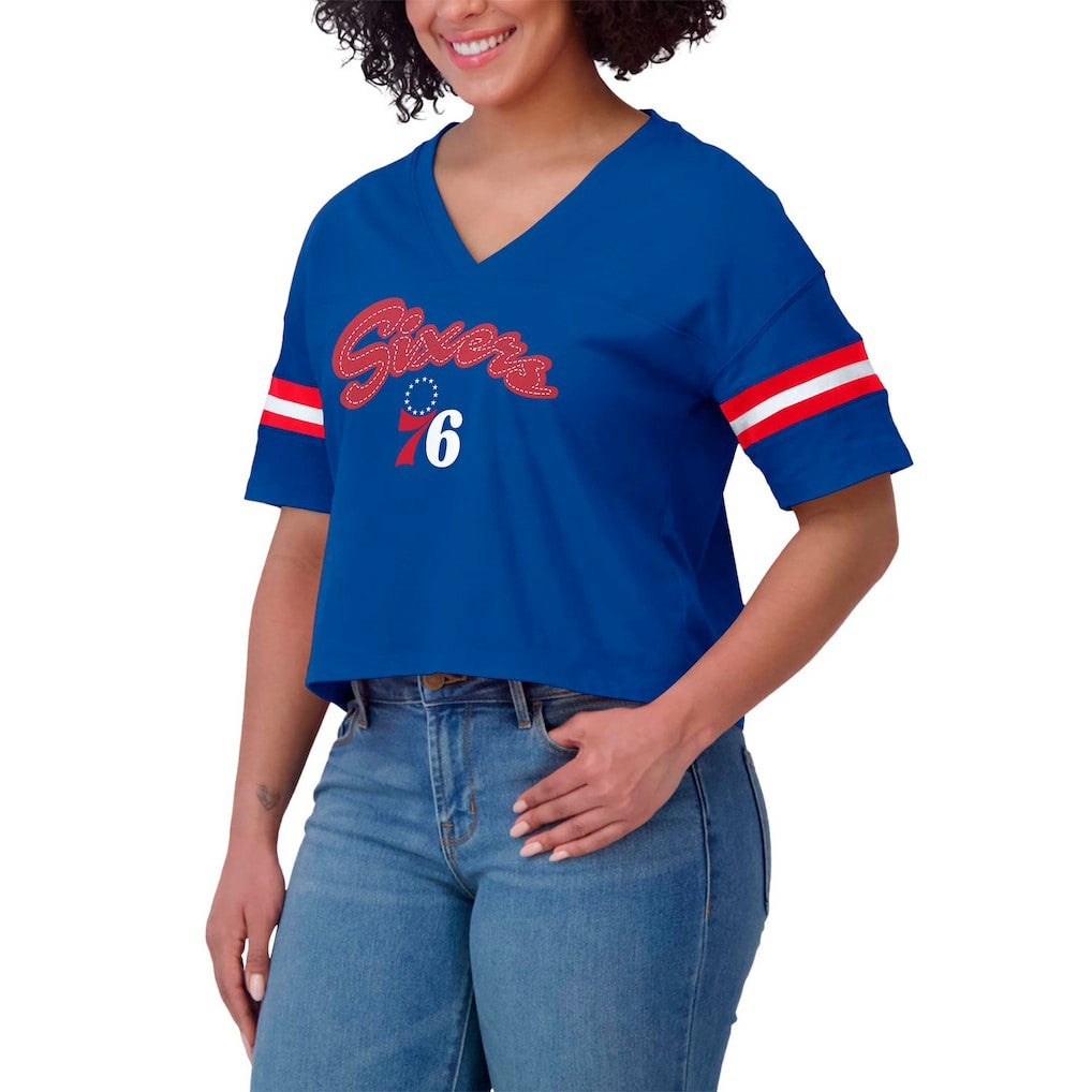Royal Philadelphia 76ers WEAR by Erin Andrews Women's Plus Size Color Block Boxy V-Neck T-Shirt | NBA