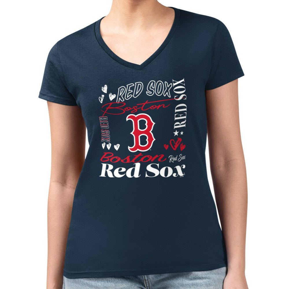 Boston Red Sox G-III 4Her by Carl Banks Women's Super-Slim Fit Lightweight Collage Team Graphic V-Neck T-Shirt - MLB T-shirts