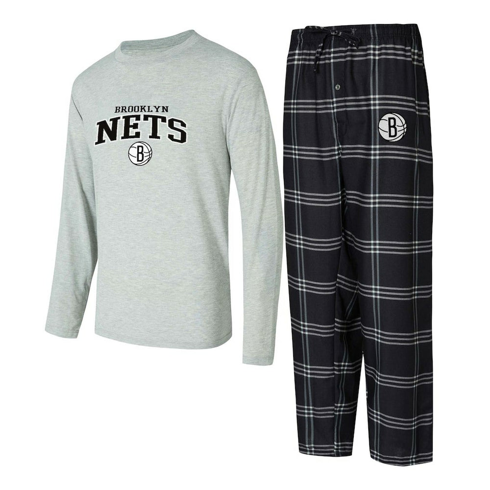 Black/Gray Brooklyn Nets Concepts Sport Petition Long Sleeve Top and Plaid Pant Set | NBA