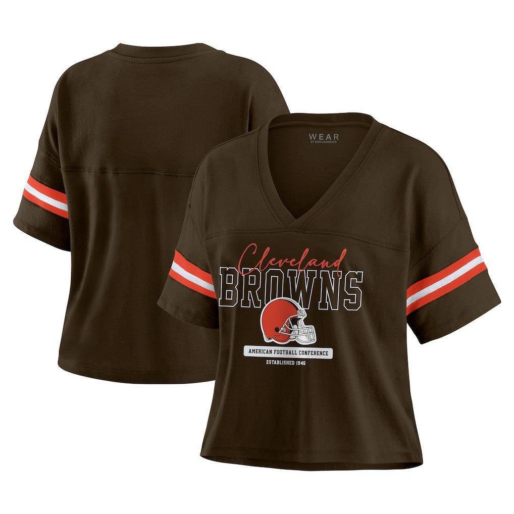 Cleveland Browns WEAR by Erin Andrews Women's Color Block Boxy Modest Crop V-Neck T-Shirt | NFL On sale
