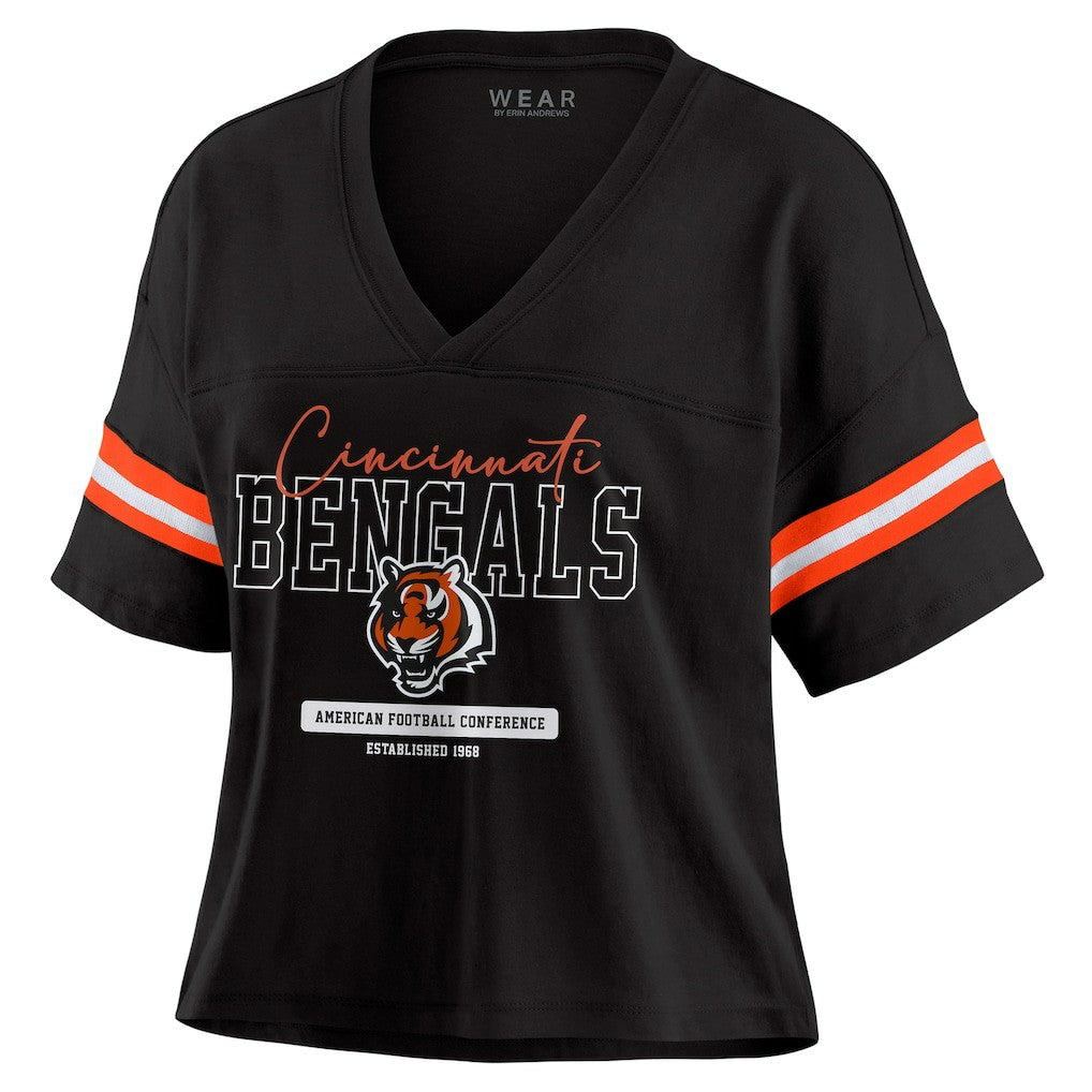 Cincinnati Bengals WEAR by Erin Andrews Women's Color Block Boxy Modest Crop V-Neck T-Shirt | NFL Near me