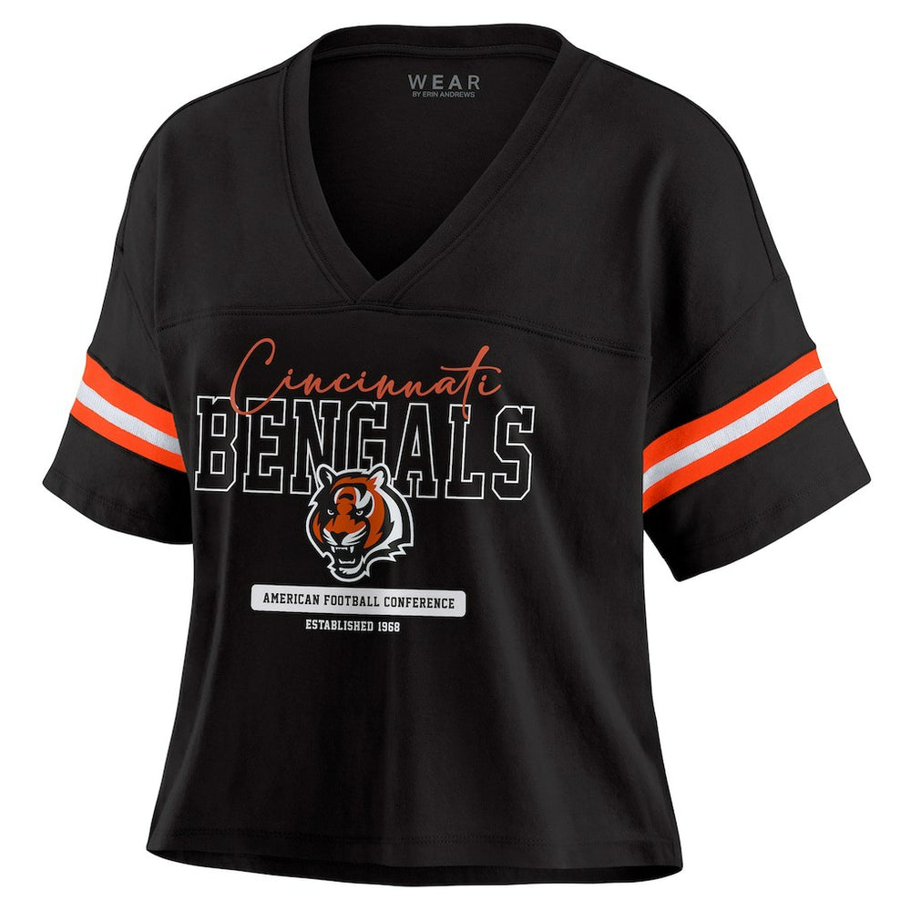 Cincinnati Bengals WEAR by Erin Andrews Women's Color Block Boxy Modest Crop V-Neck T-Shirt | NFL Near me