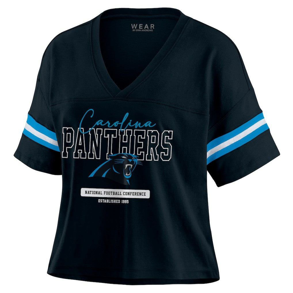 Carolina Panthers WEAR by Erin Andrews Women's Color Block Boxy Modest Crop V-Neck T-Shirt | NFL Online