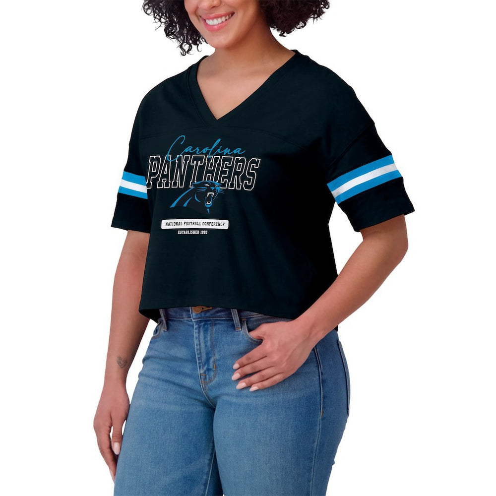 Carolina Panthers WEAR by Erin Andrews Women's Color Block Boxy Modest Crop V-Neck T-Shirt | NFL Online
