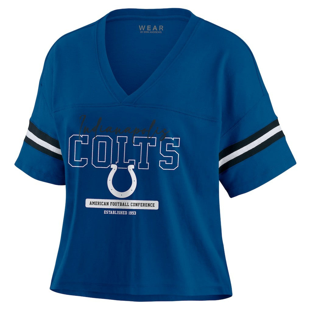 Indianapolis Colts WEAR by Erin Andrews Women's Color Block Boxy Modest Crop V-Neck T-Shirt | NFL New