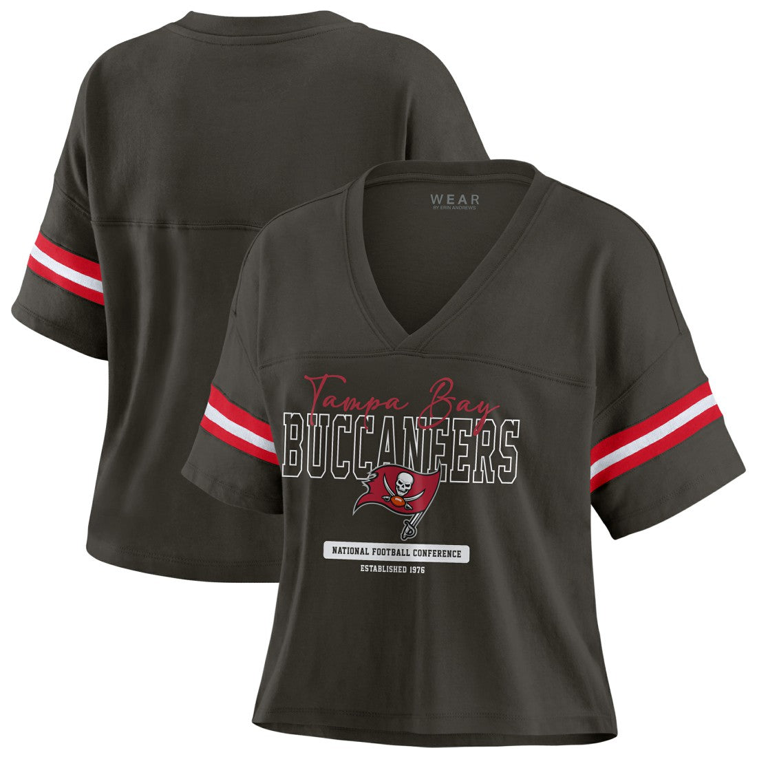 Tampa Bay Buccaneers WEAR by Erin Andrews Women's Color Block Boxy Modest Crop V-Neck T-Shirt | NFL Hot