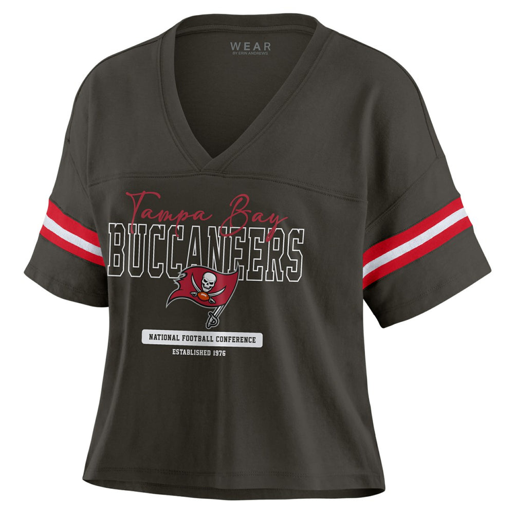 Tampa Bay Buccaneers WEAR by Erin Andrews Women's Color Block Boxy Modest Crop V-Neck T-Shirt | NFL Hot