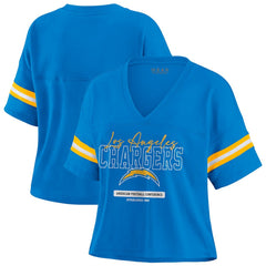 Los Angeles Chargers WEAR by Erin Andrews Women's Color Block Boxy Modest Crop V-Neck T-Shirt | NFL On sale