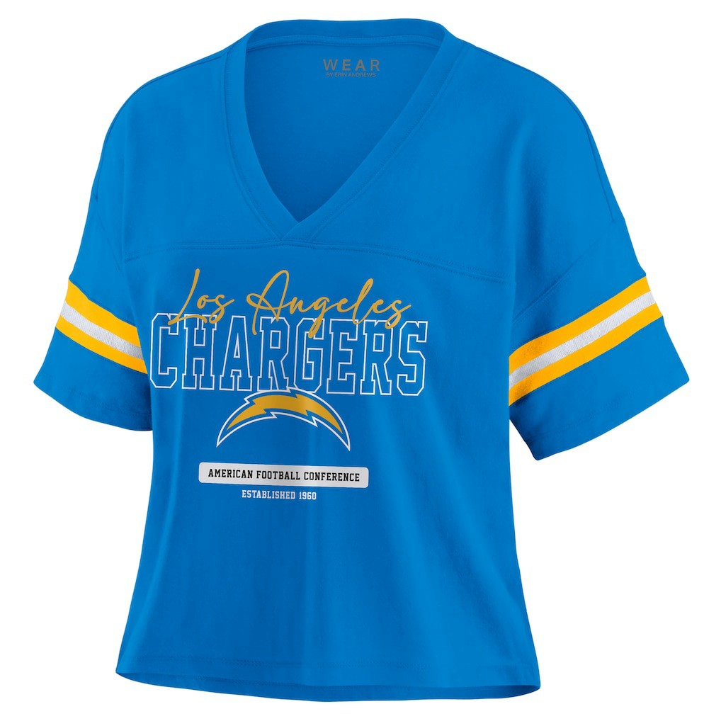 Los Angeles Chargers WEAR by Erin Andrews Women's Color Block Boxy Modest Crop V-Neck T-Shirt | NFL On sale