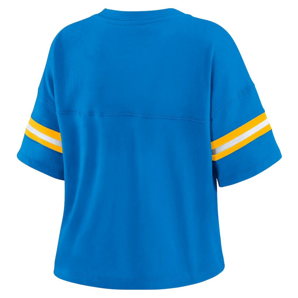 Los Angeles Chargers WEAR by Erin Andrews Women's Color Block Boxy Modest Crop V-Neck T-Shirt | NFL On sale