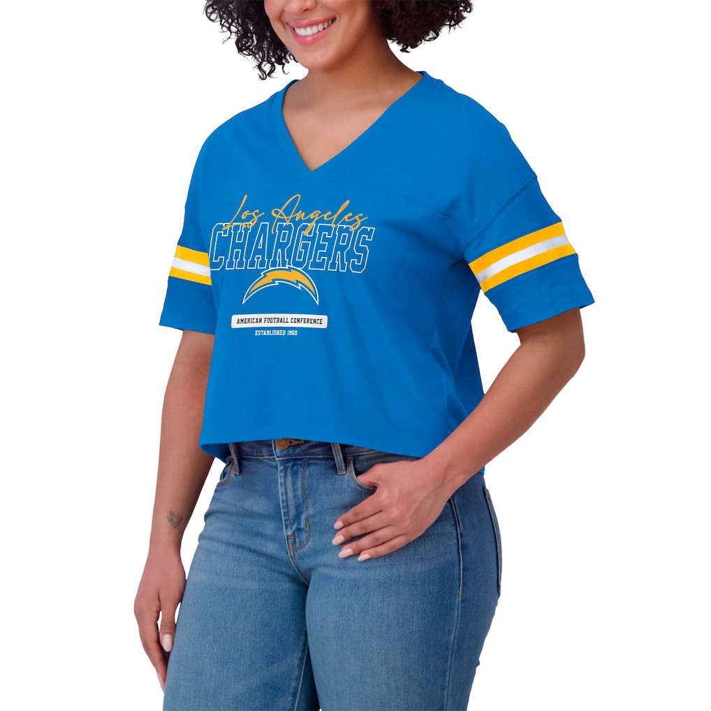 Los Angeles Chargers WEAR by Erin Andrews Women's Color Block Boxy Modest Crop V-Neck T-Shirt | NFL On sale