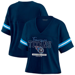 Tennessee Titans WEAR by Erin Andrews Women's Color Block Boxy Modest Crop V-Neck T-Shirt | NFL Sale