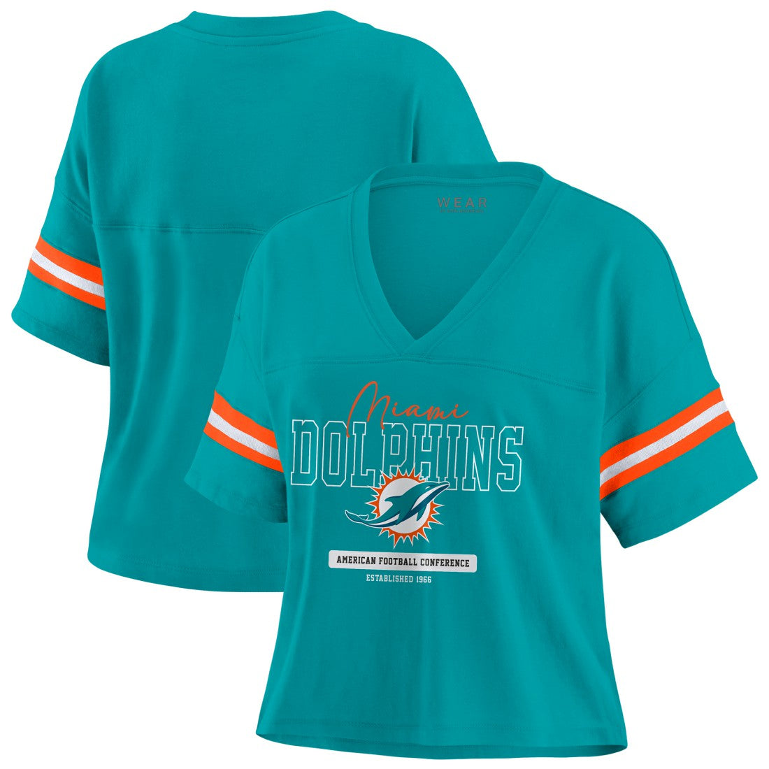 Miami Dolphins WEAR by Erin Andrews Women's Color Block Boxy Modest Crop V-Neck T-Shirt | NFL New