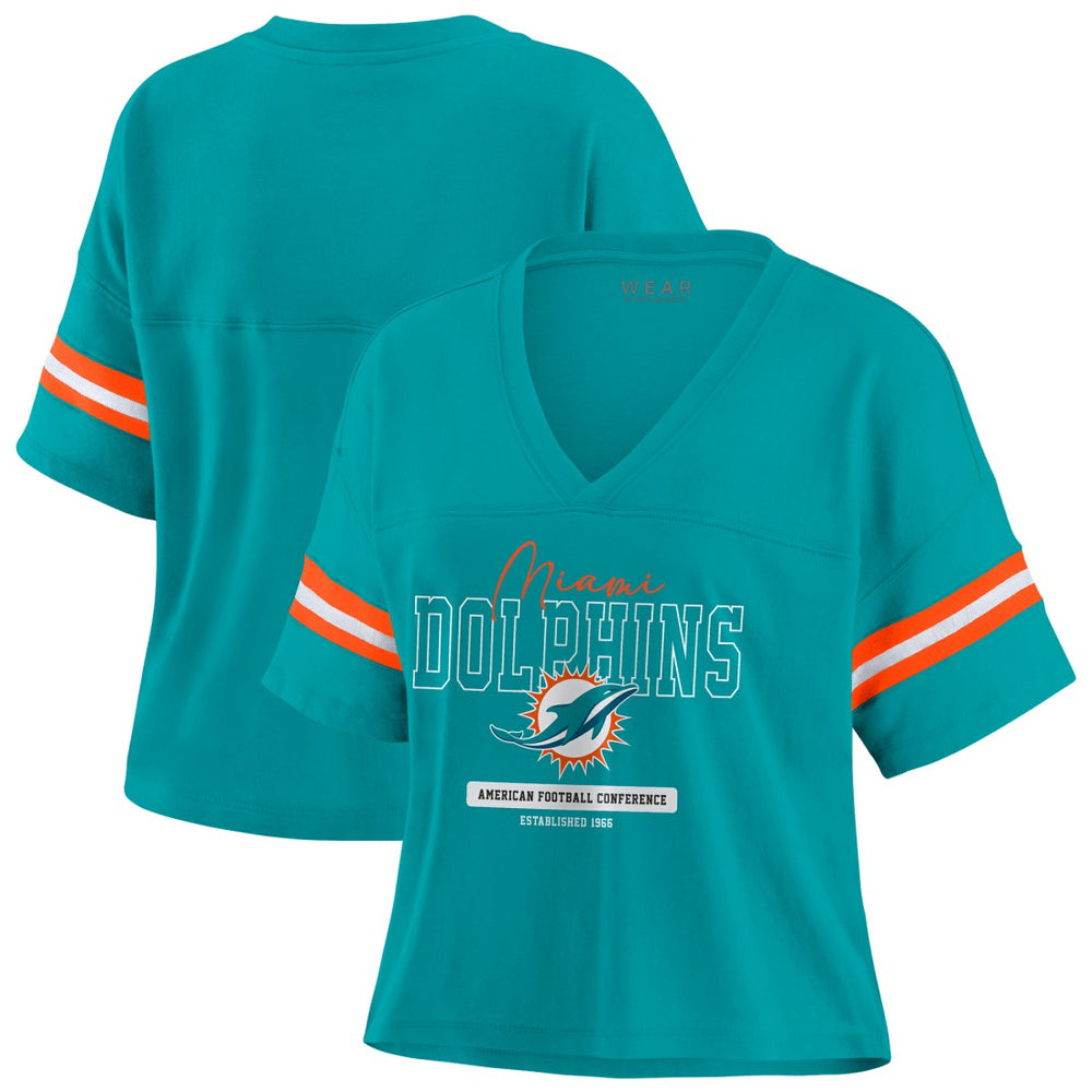 Miami Dolphins WEAR by Erin Andrews Women's Color Block Boxy Modest Crop V-Neck T-Shirt | NFL New