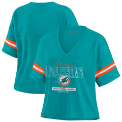 Miami Dolphins WEAR by Erin Andrews Women's Color Block Boxy Modest Crop V-Neck T-Shirt | NFL New
