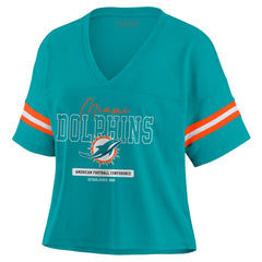 Miami Dolphins WEAR by Erin Andrews Women's Color Block Boxy Modest Crop V-Neck T-Shirt | NFL New