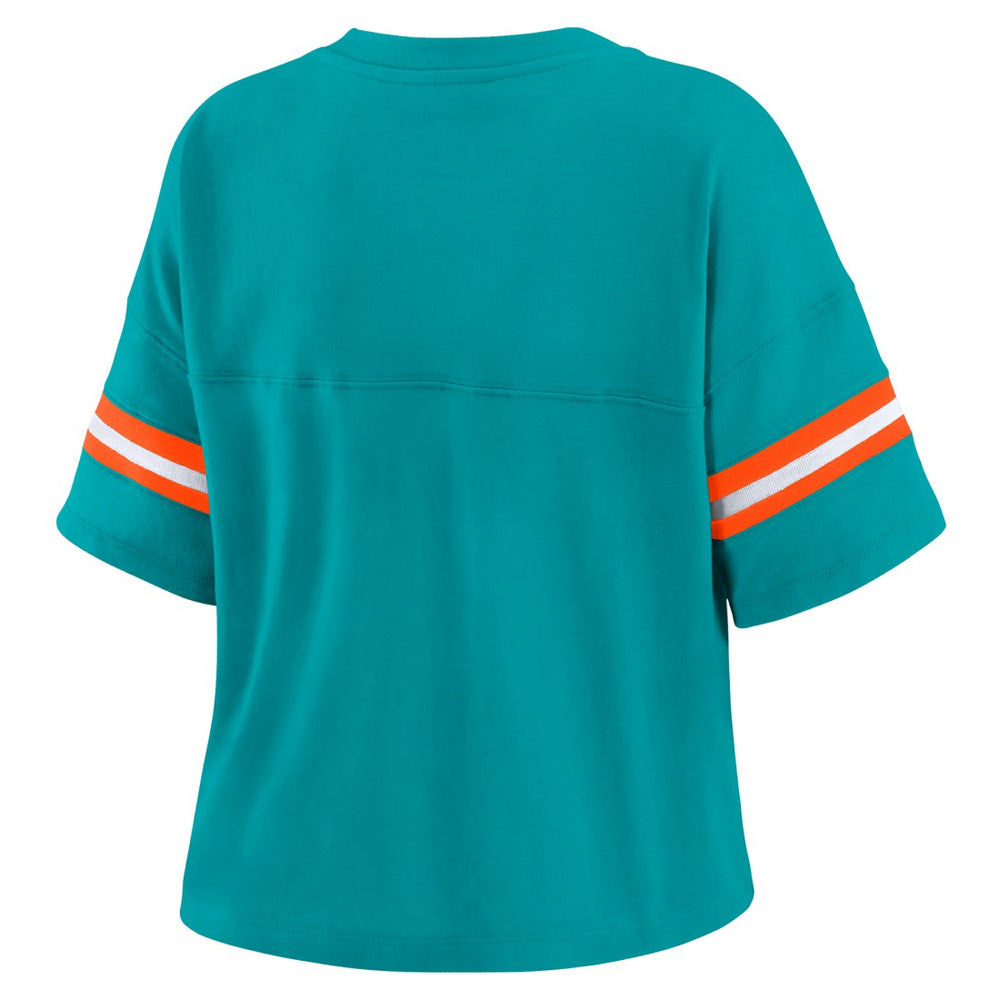 Miami Dolphins WEAR by Erin Andrews Women's Color Block Boxy Modest Crop V-Neck T-Shirt | NFL New