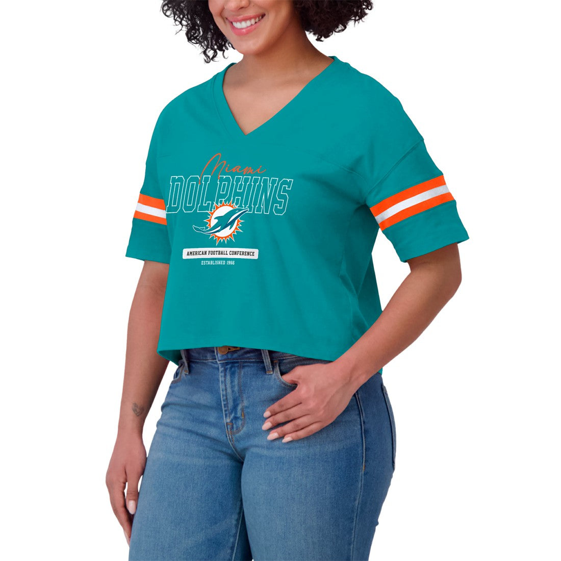 Miami Dolphins WEAR by Erin Andrews Women's Color Block Boxy Modest Crop V-Neck T-Shirt | NFL New