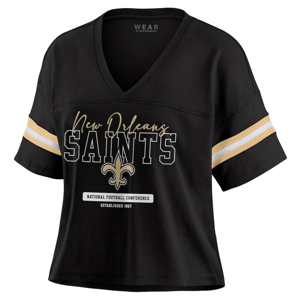 New Orleans Saints WEAR by Erin Andrews Women's Color Block Boxy Modest Crop V-Neck T-Shirt | NFL Hot