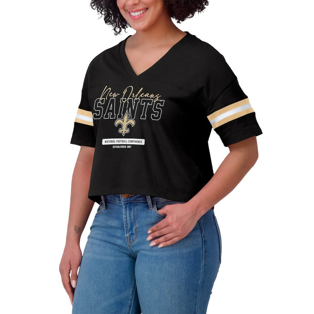 New Orleans Saints WEAR by Erin Andrews Women's Color Block Boxy Modest Crop V-Neck T-Shirt | NFL Hot