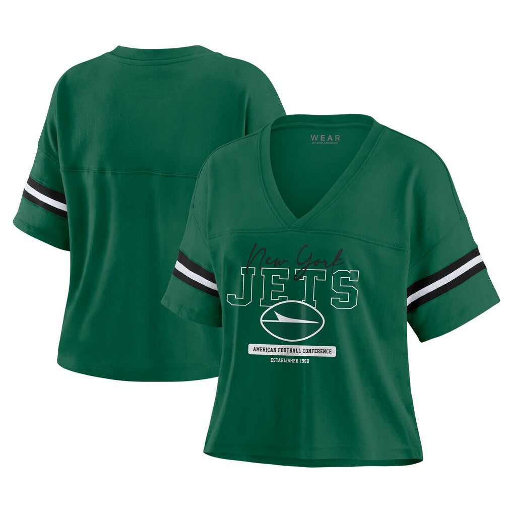 New York Jets WEAR by Erin Andrews Women's Color Block Boxy Modest Crop V-Neck T-Shirt | NFL Online